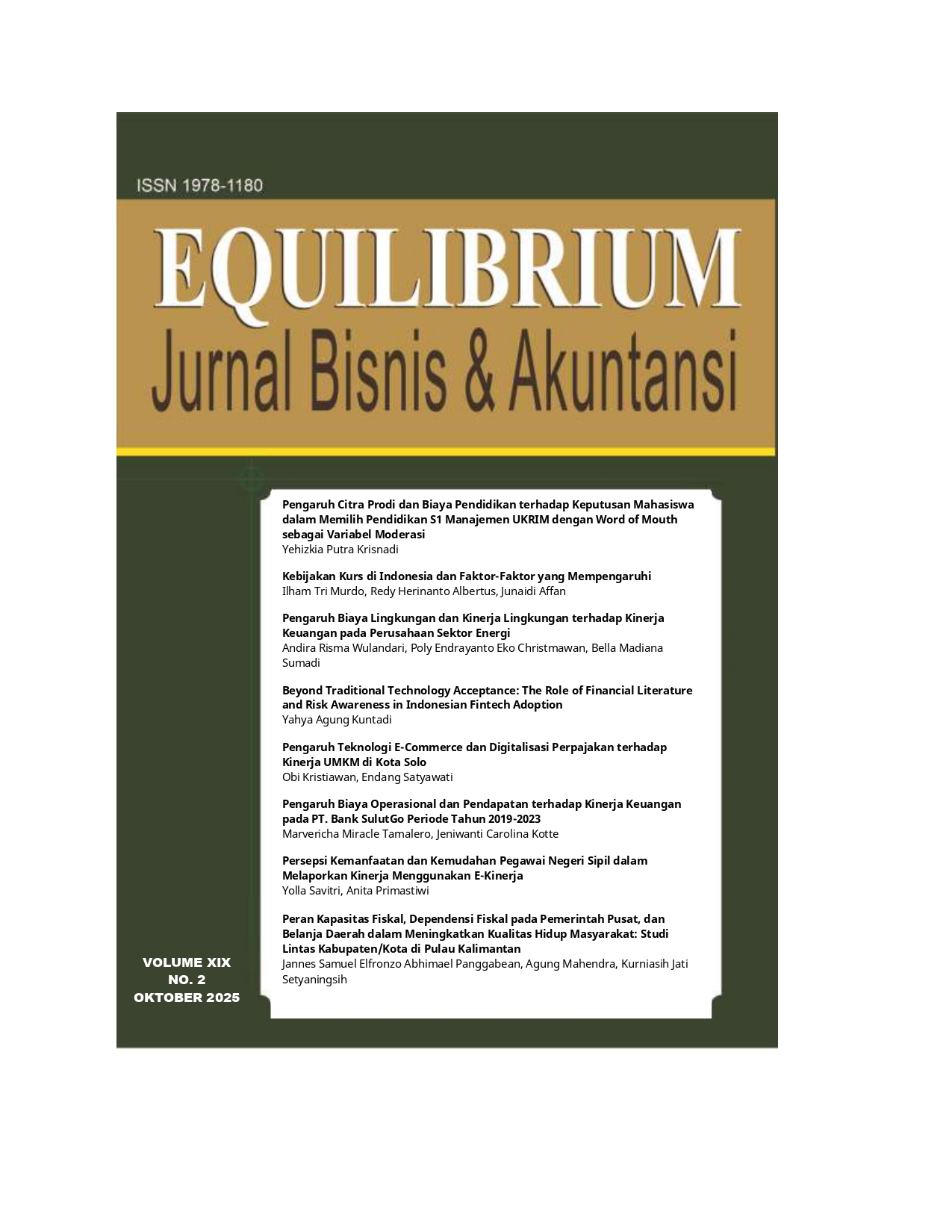 					View Vol. 19 No. 2 (2025): EQUILIBRIUM - Jurnal Bisnis dan Akuntansi (EJBA)
				